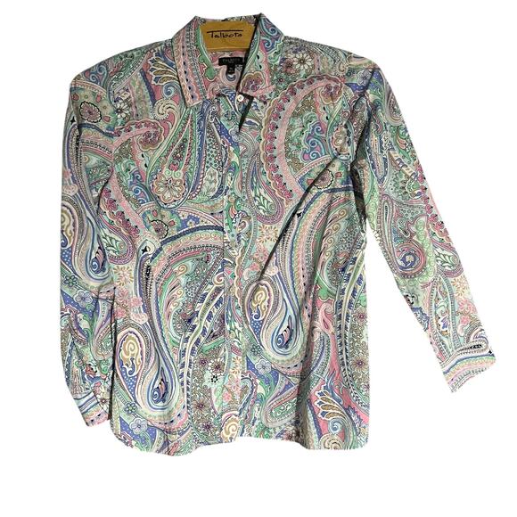 Talbots Petite Vibrant Paisley Button-Down Shirt Pink Blue Green Blouse - Picture 5 of 7